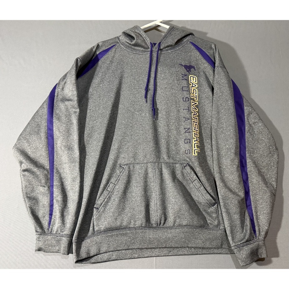East Marshall Mustangs Gray Hoodie Purple Side Stripes Sweatshirt Large EUC